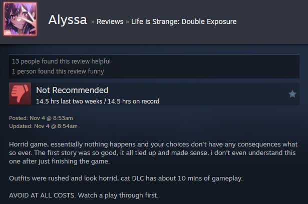 Screenshot showing a Steam review for Life is Strange: Double Exposure.